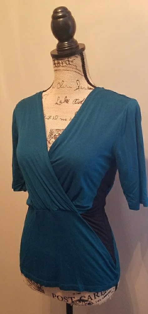 Teal Color Block Faux Wrap Top